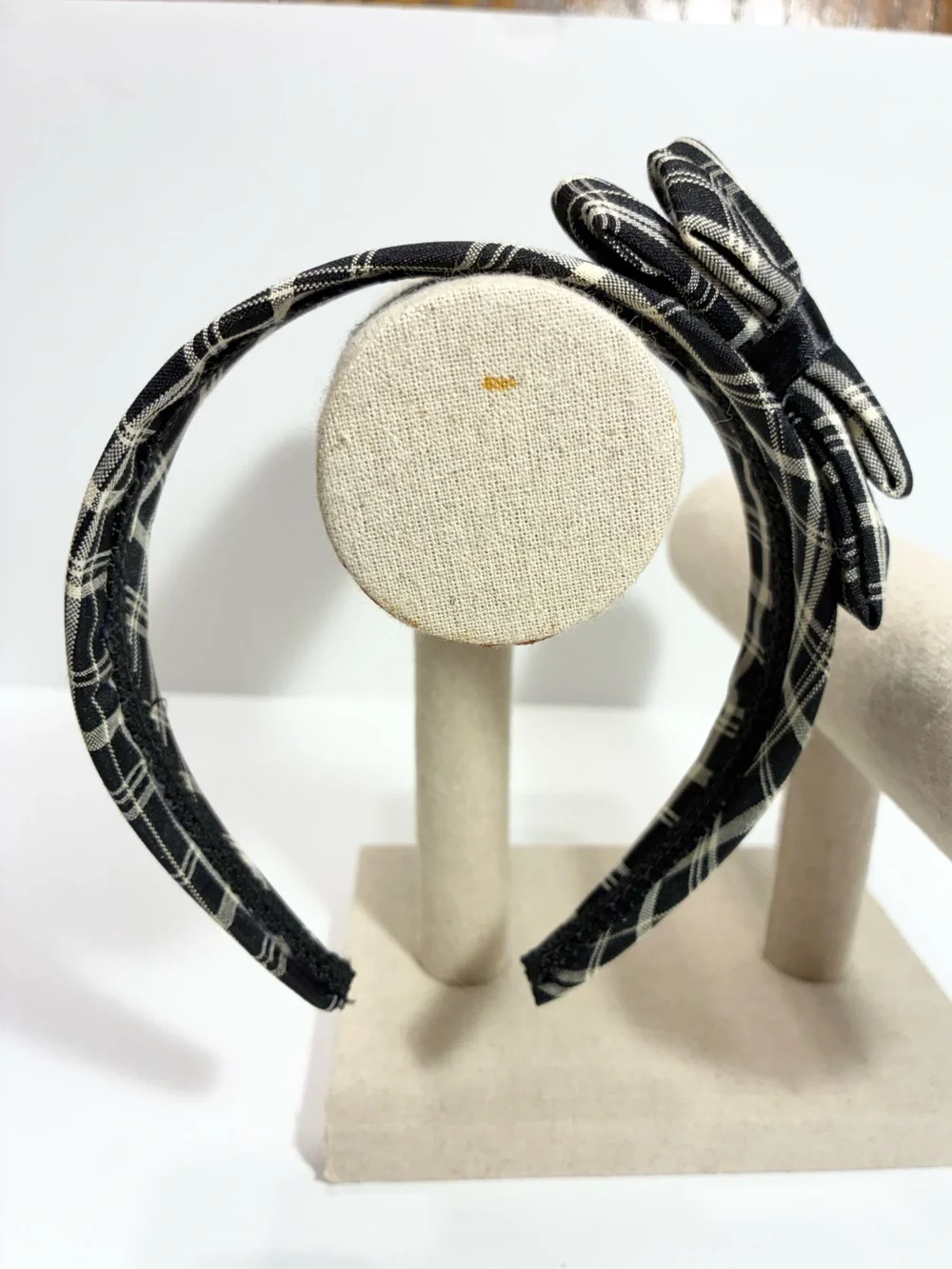 Plaid Double Bow Wide Headband Black & Ivory